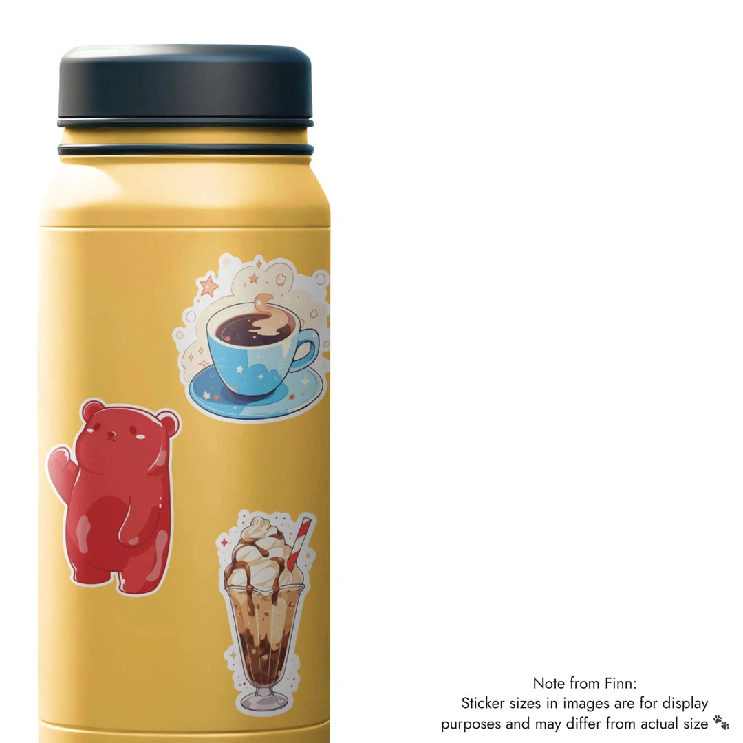 Red Gummy Bear, Starry Coffee, Chocolate Milkshake Sticker Water Bottle Mockup