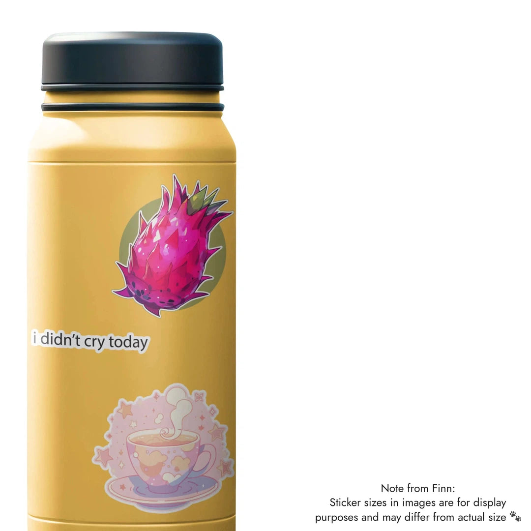  Kawaii Cosmic Teacup, Dragonfruit, I didn't cry today Sticker Water Bottle Mockup 