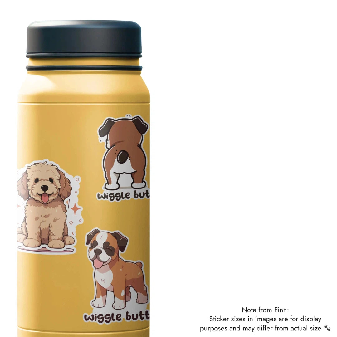 Golden Doodle, Wiggle Butt Sticker Water Bottle Mockup