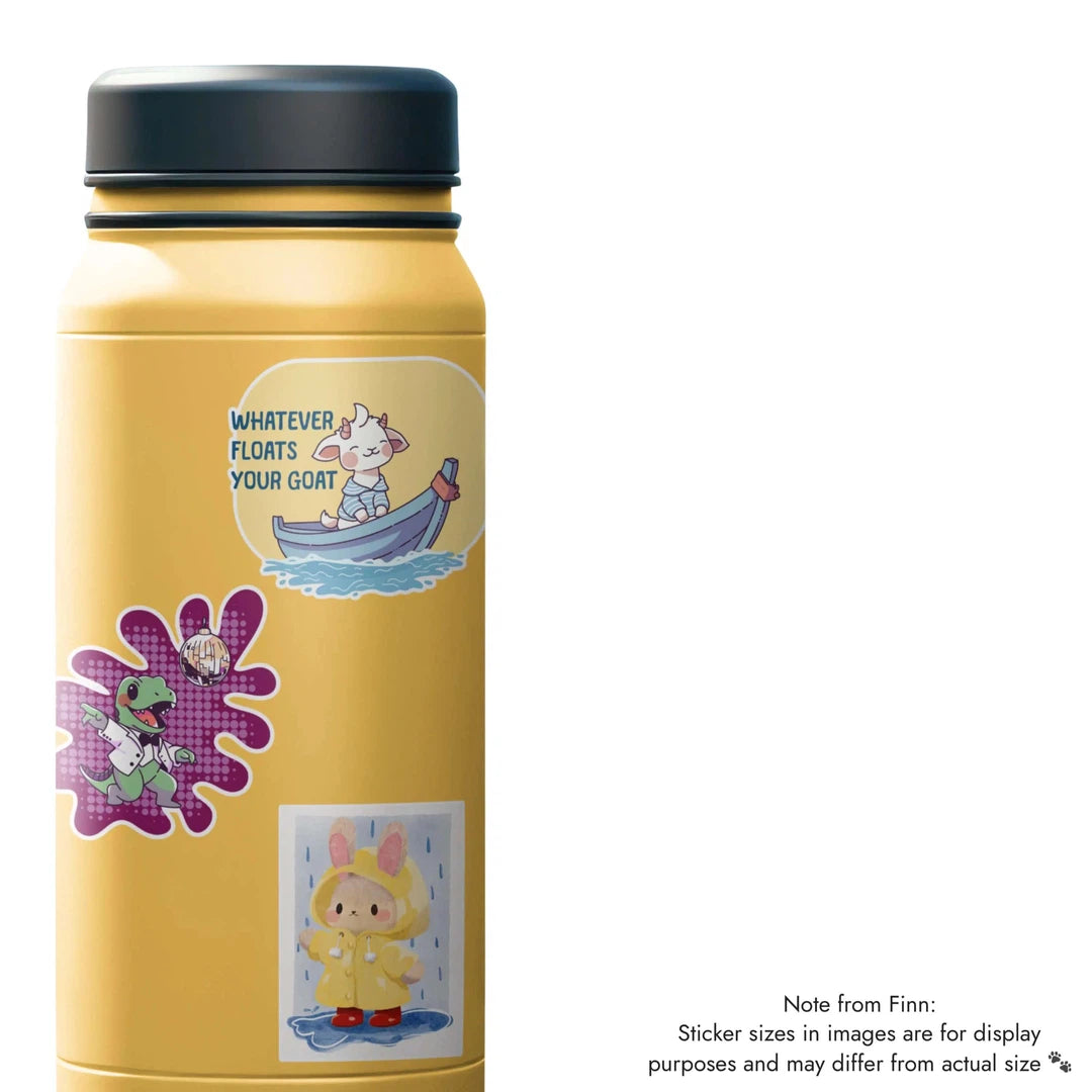 Dino Disco, Goat Float, Rainy Day Bunny Sticker Water Bottle Mockup