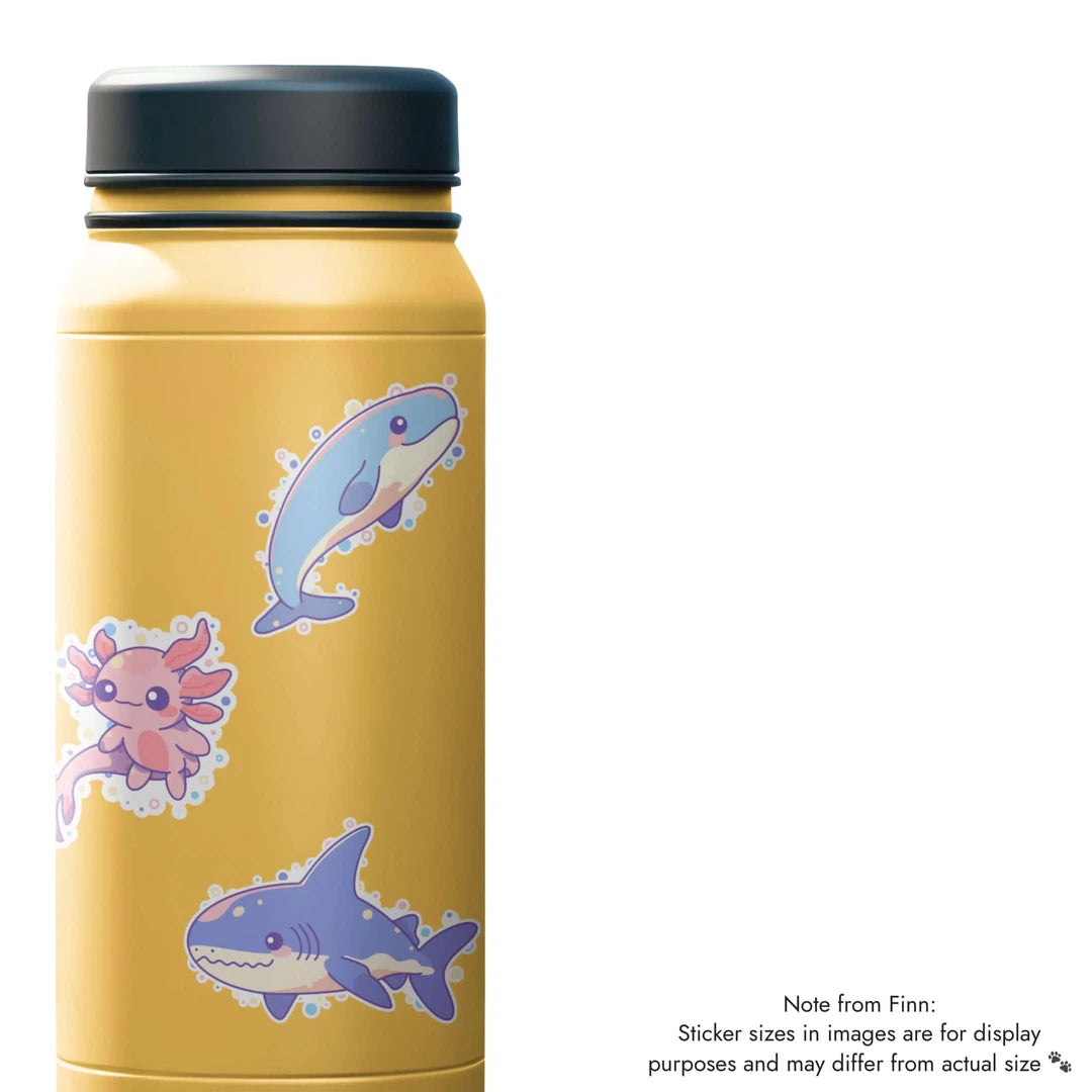 Shark, Whale, Axolotl Sticker Water Bottle Mockup