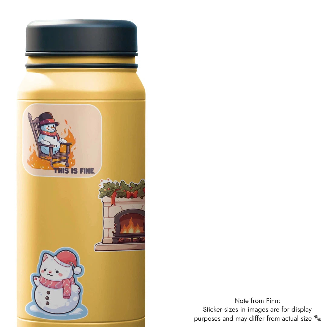 Fireplace, Snowman, Snowkitty Sticker Water Bottle Mockup