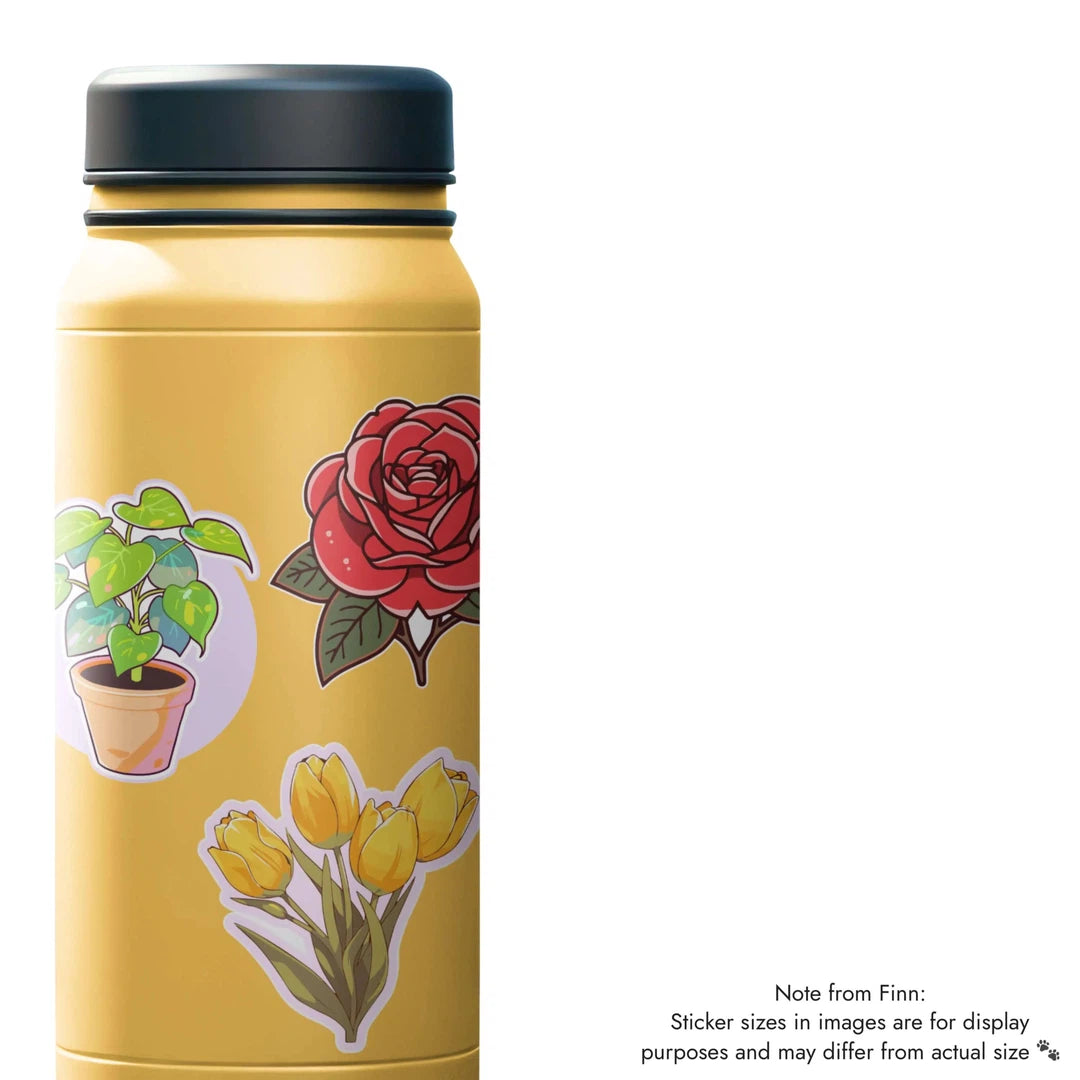 Pothos, Red Rose, Yellow Tulips Sticker Water Bottle Mockup