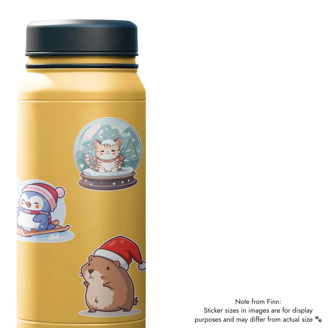 Sledding Penguins, Cat Snow Globe, Santa Capybara Sticker Water Bottle Mockup