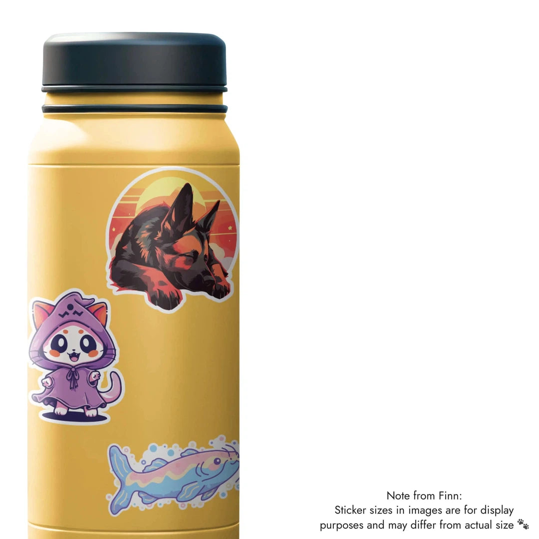 German shepherd, spooky cat, catfish sticker water bottle mockup 