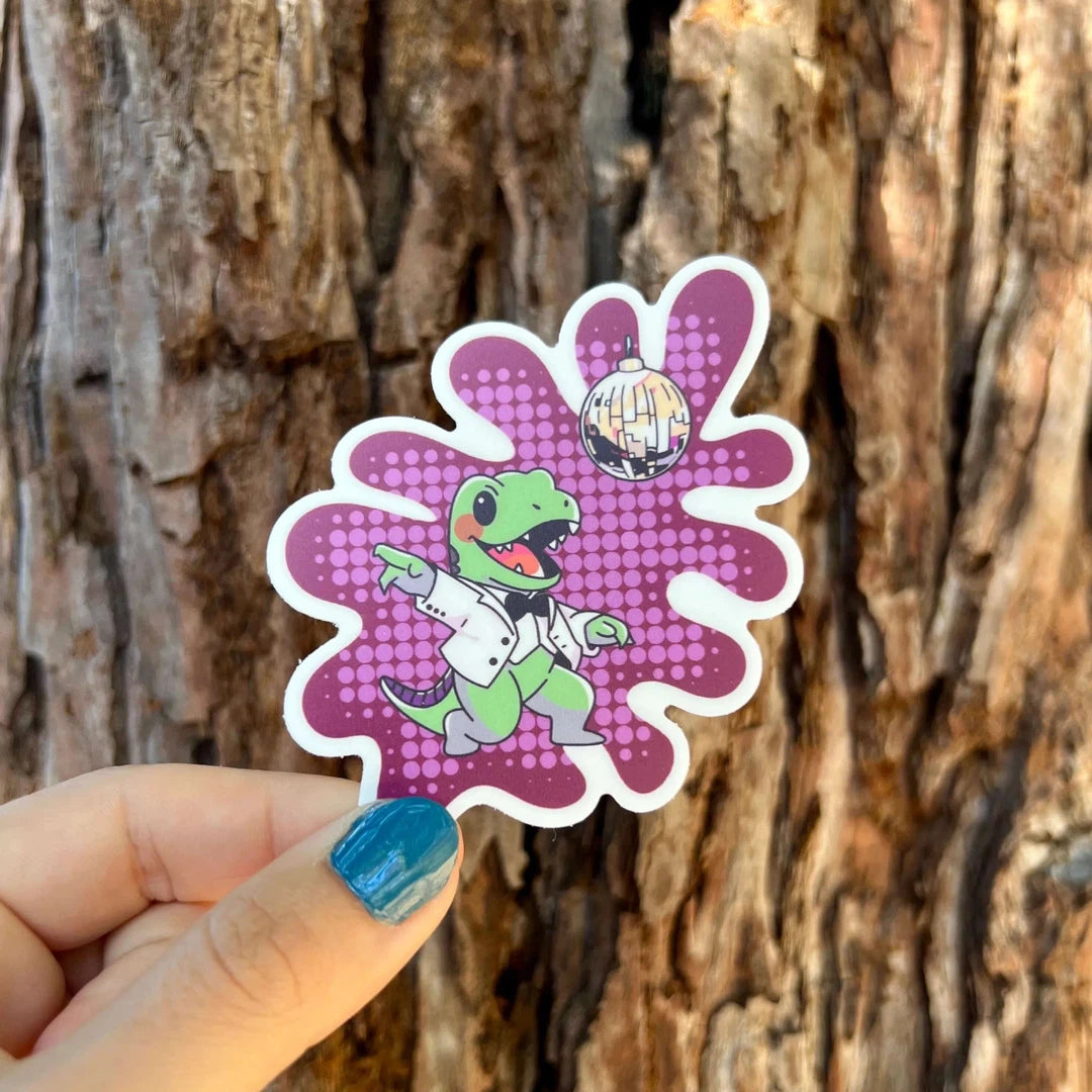 Purple and white dinosaur disco sticker