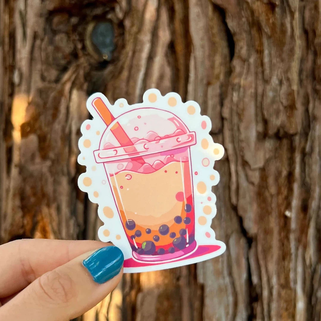 Orange & Pink Strawberry Boba Tea Sticker