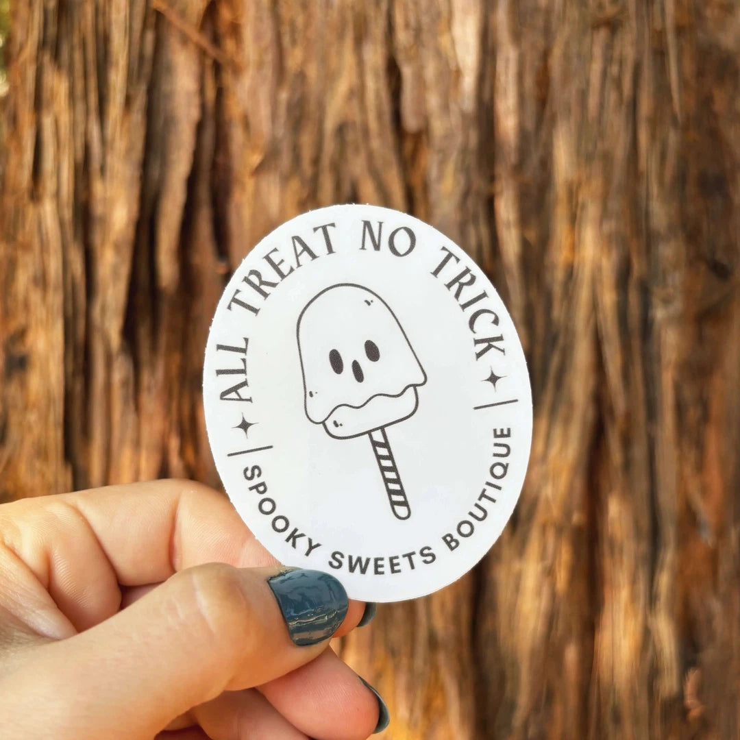 White "All Treat No Trick" Spooky Sweets Boutique Sticker