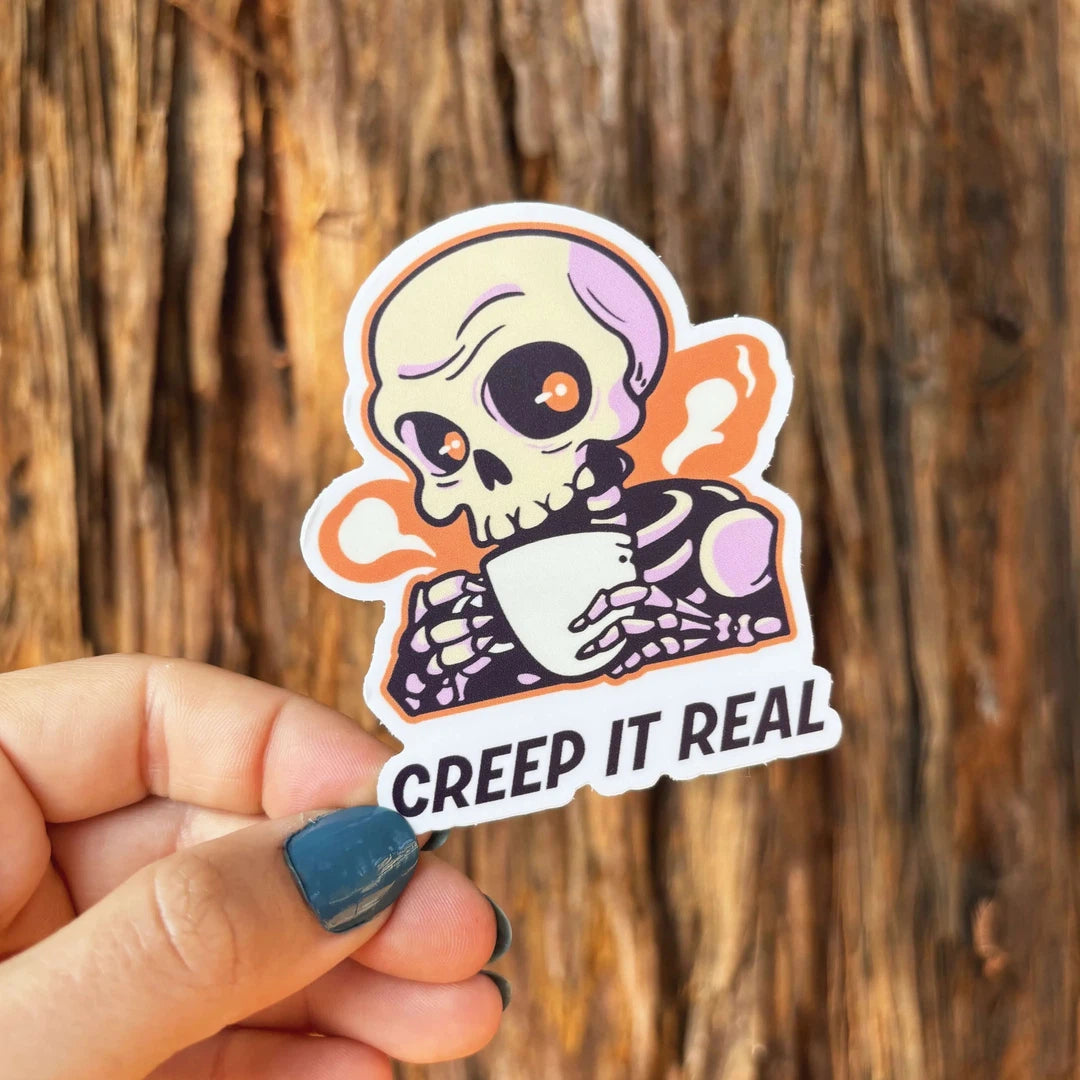 White "Creep it Real" Coffee Skull Sticker