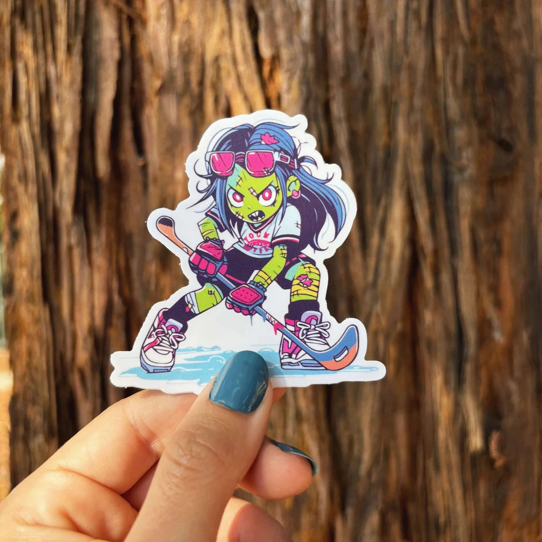 Green & White Hockey Zombie Girl Sticker