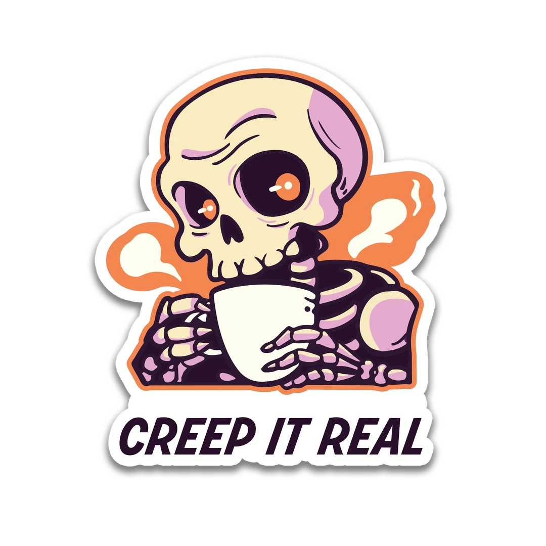 White "Creep it Real" Coffee Skull Sticker