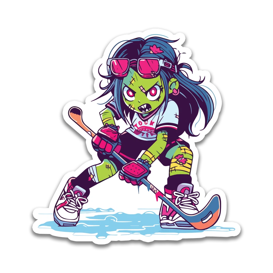 Green & White Hockey Zombie Girl Sticker